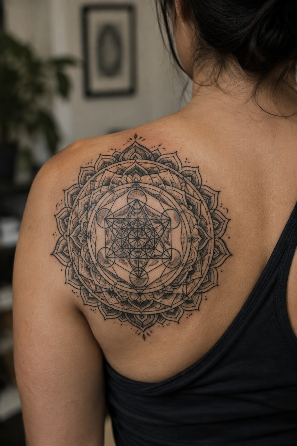 Large intricate mandala tattoo on woman's upper back over black tank top