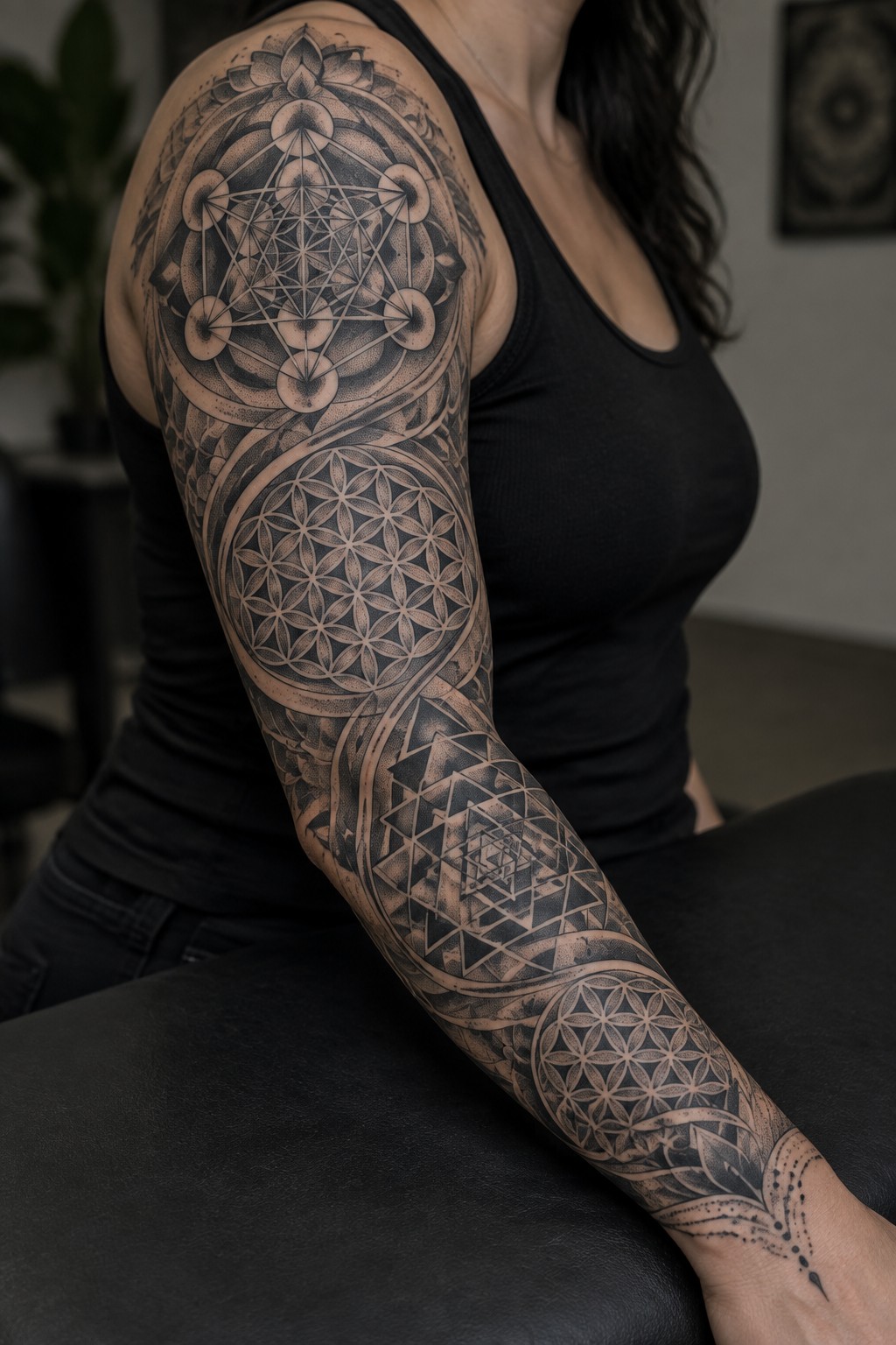 Black and gray full sleeve tattoo on a woman's arm showing interconnected sacred geometry designs including flower of life circles and geometric triangles.