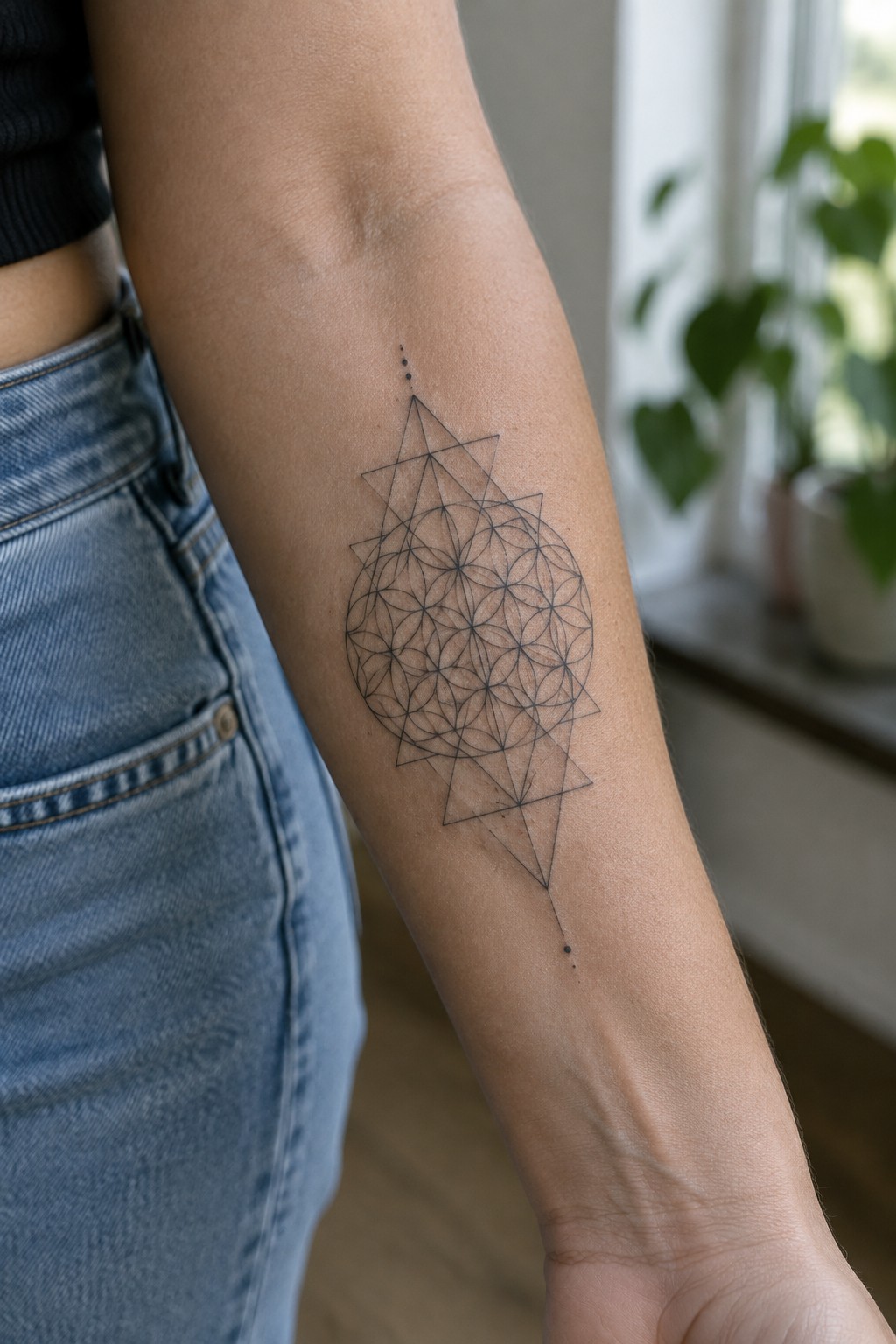 Black ink sacred geometry tattoo on inner forearm with central circular pattern and pointed extensions