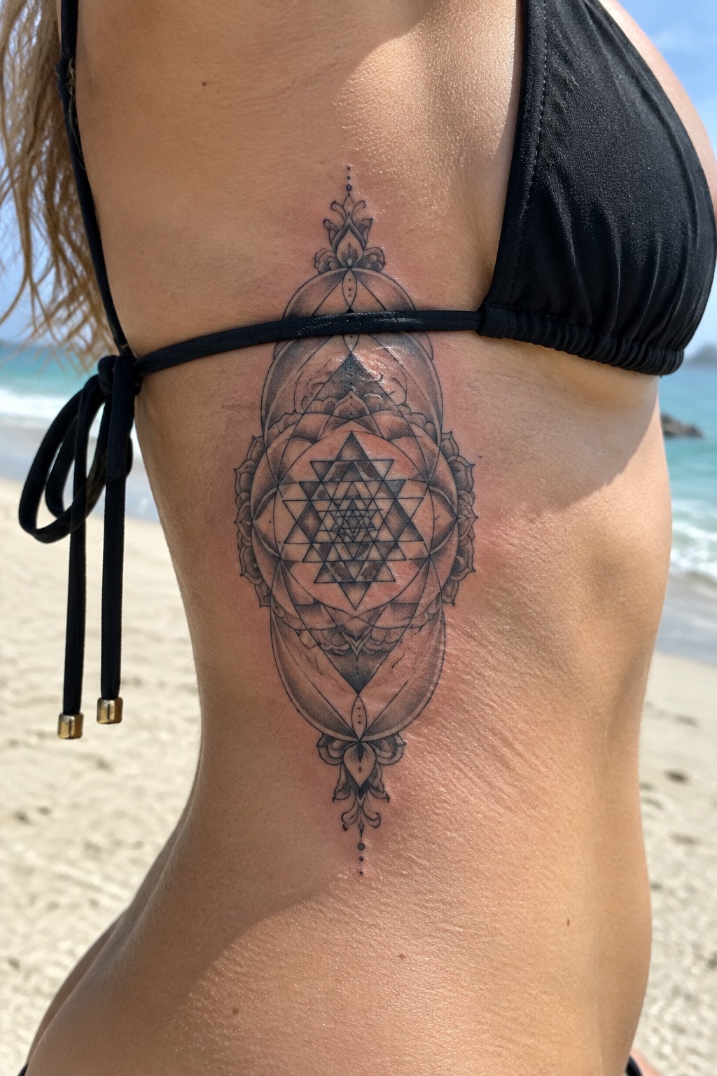 Intricate geometric mandala tattoo on side under black bikini at beach