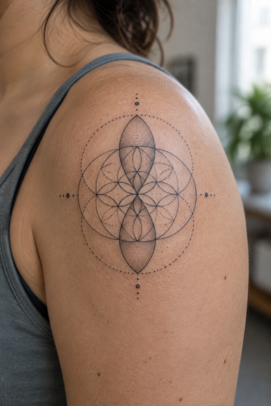 Shoulder with black geometric tattoo of overlapping circles and ovals, gray tank top.