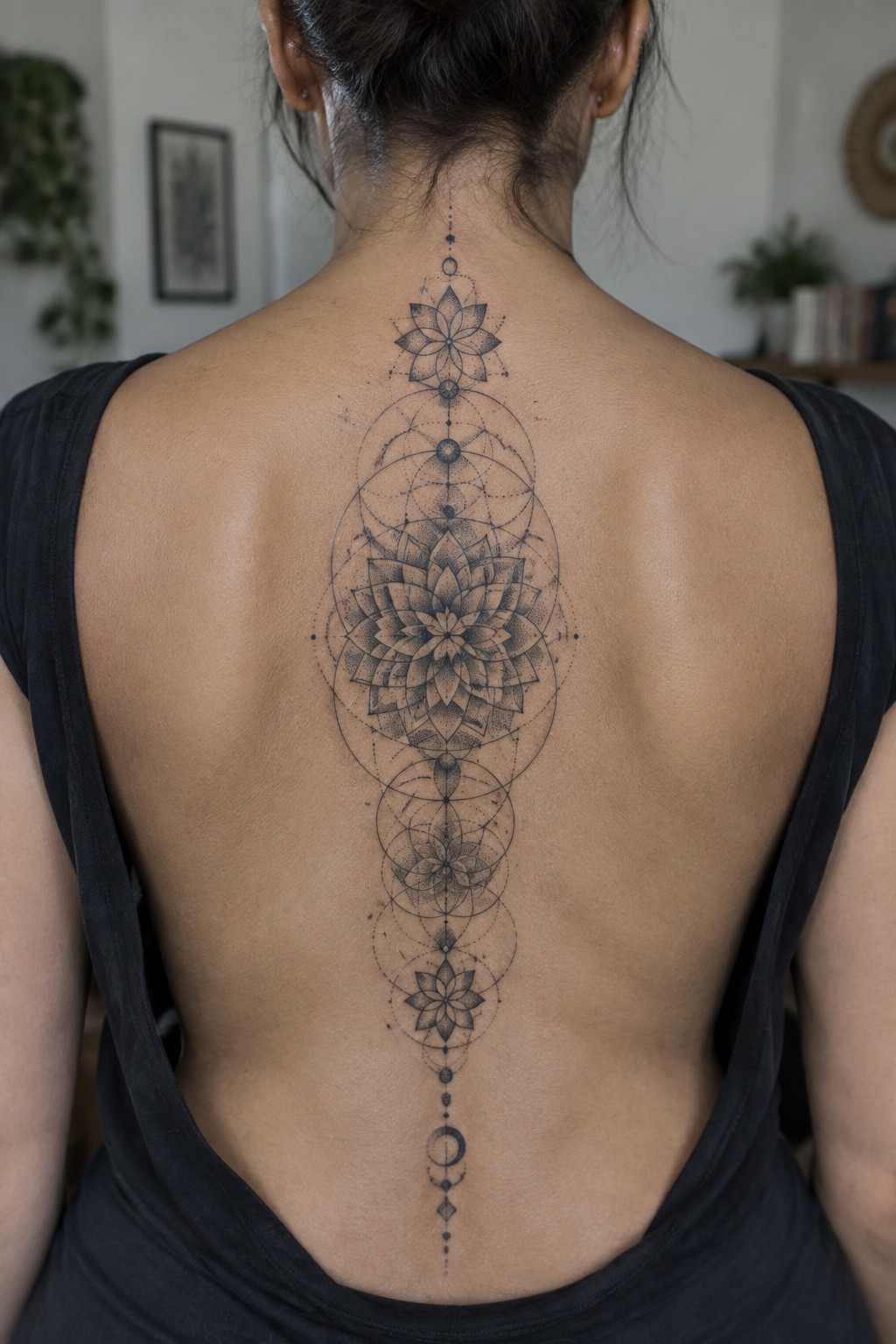 Symmetrical lotus mandala tattoo running down a woman's spine in black ink.