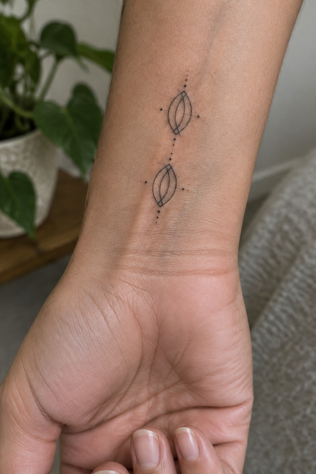 Minimalist black tattoo of two leaves with dotted lines on wrist