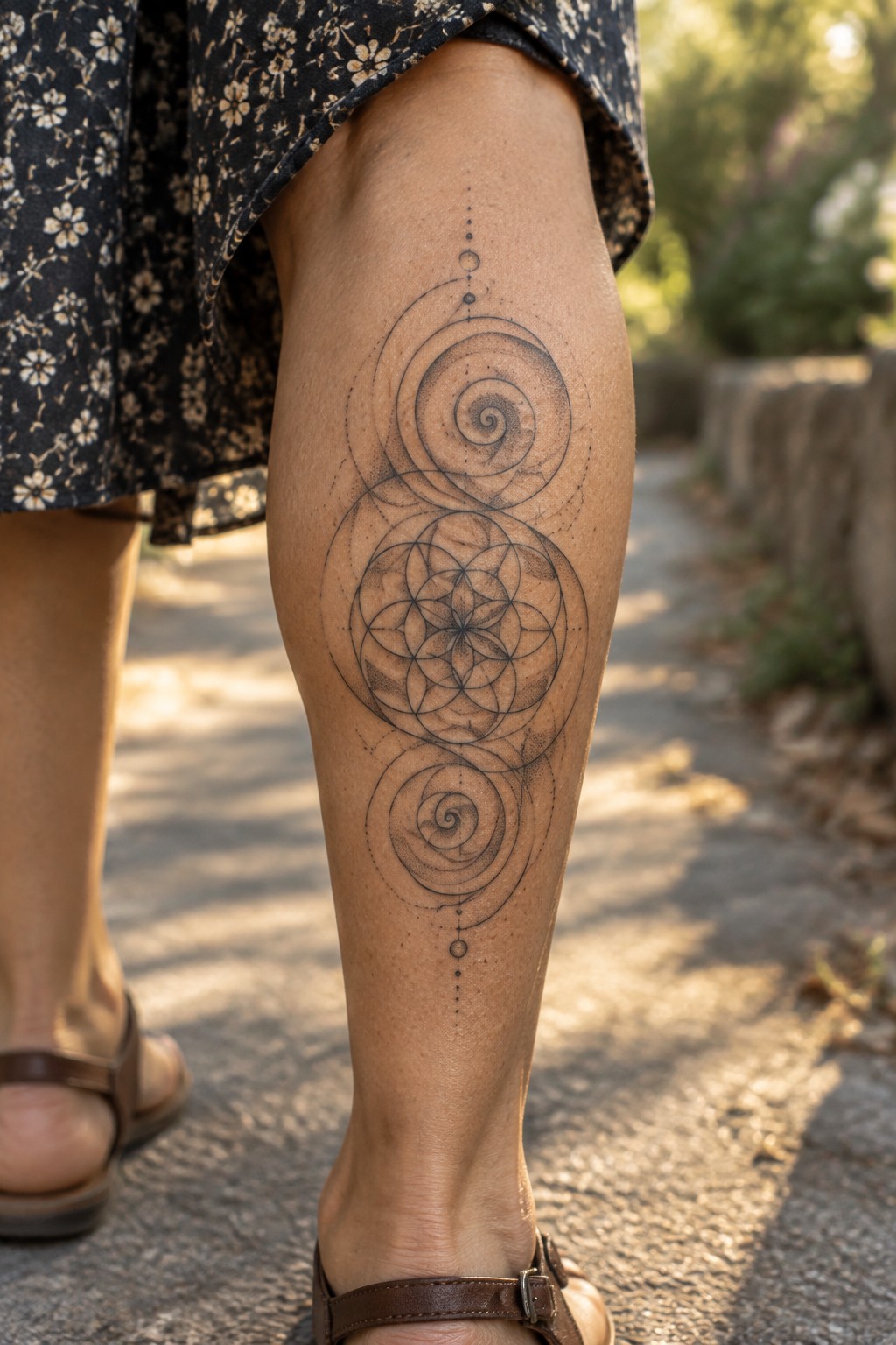 Black geometric tattoo with spirals and sacred geometry on leg, floral dress, outdoor path.