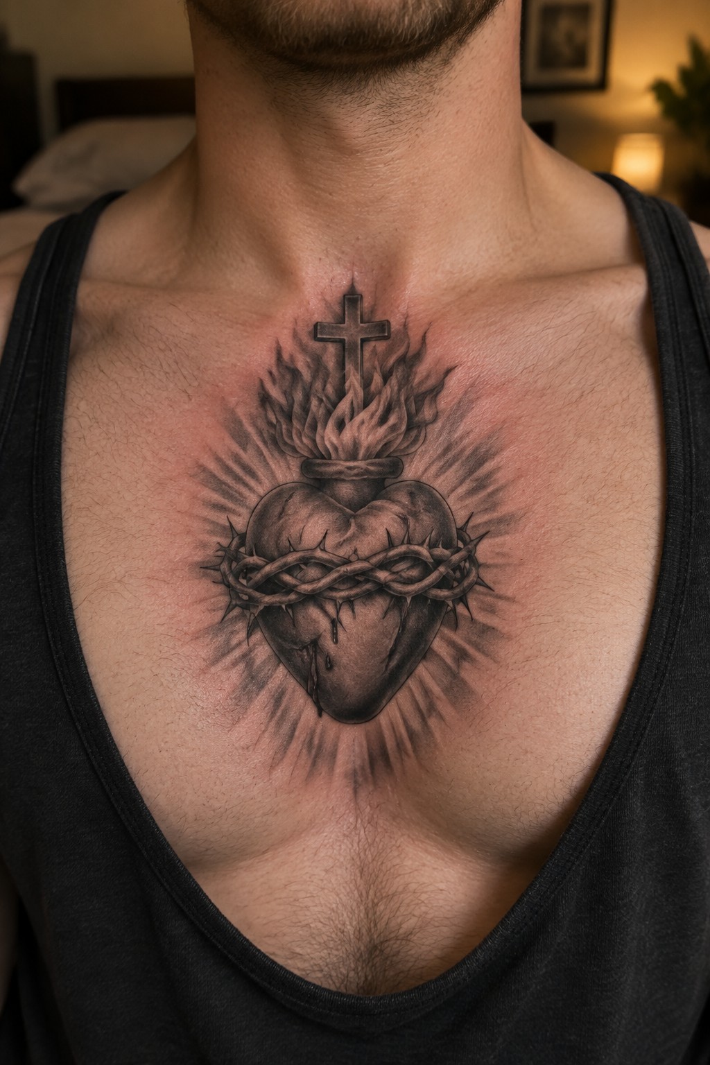 Man's chest in black tank top with flaming sacred heart tattoo, cross, and thorns.