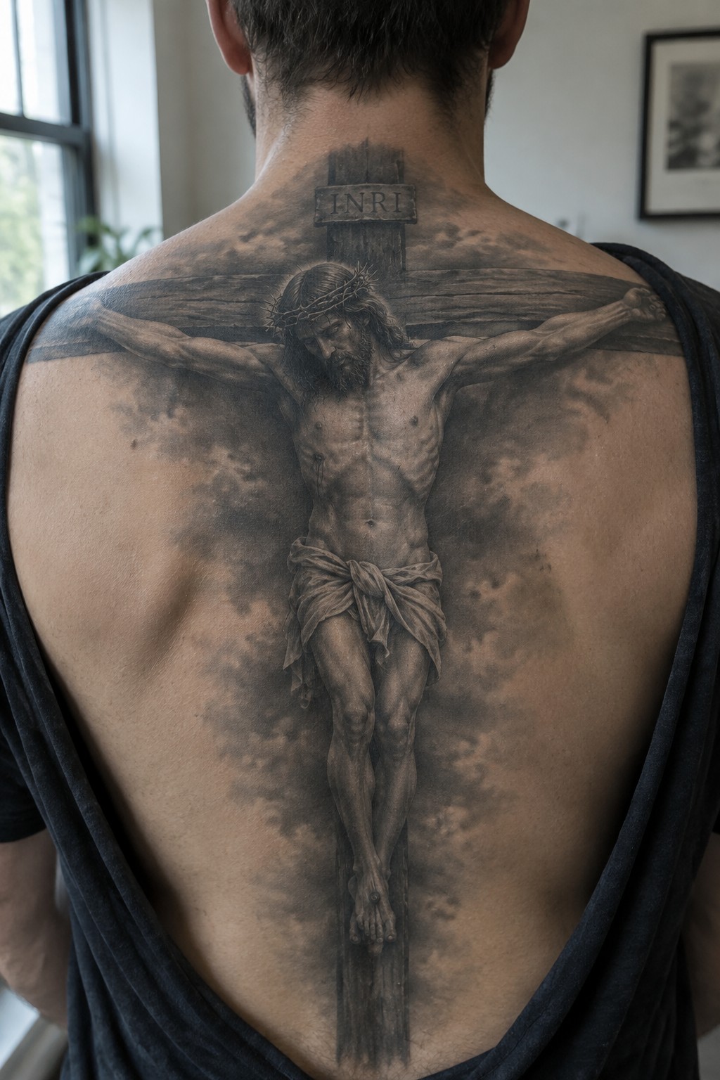 Man's back with large black-and-gray Jesus crucifixion tattoo under black tank top