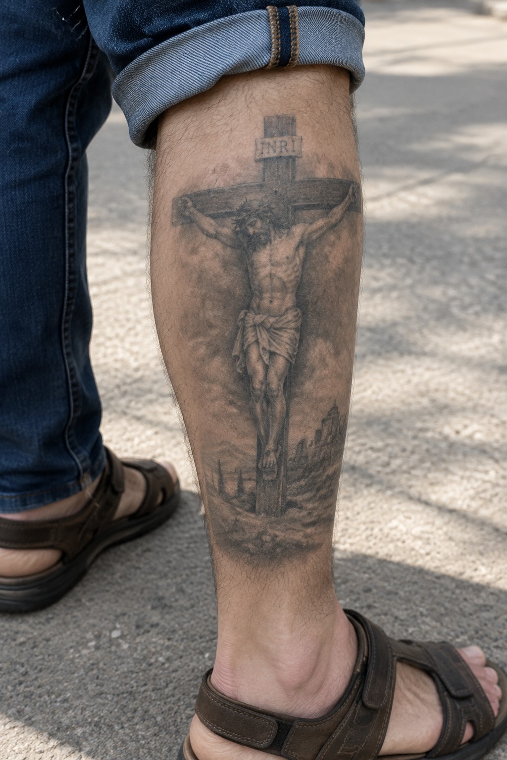 Crucifixion tattoo of Jesus with INRI on leg in rolled jeans and sandals.