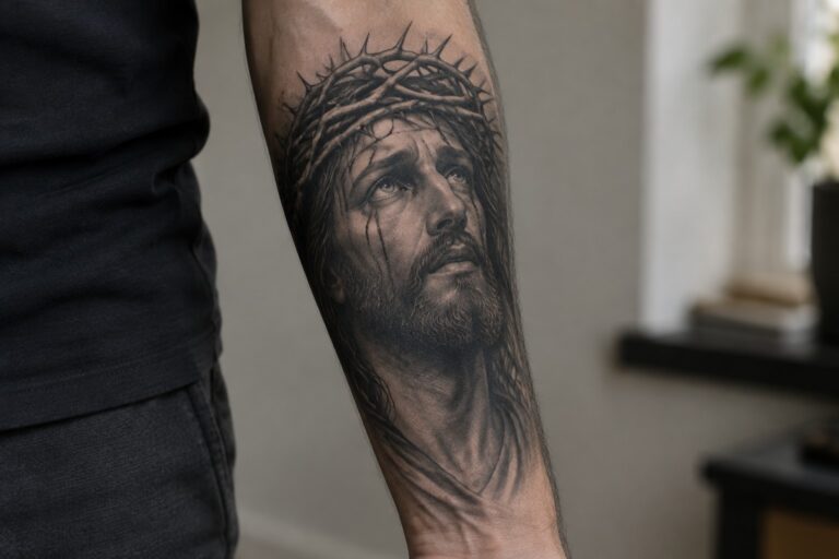 23 Striking Jesus Tattoos for Men in Black-and-Gray Realism Realistic black-and-gray tattoo of Jesus with crown of thorns on forearm