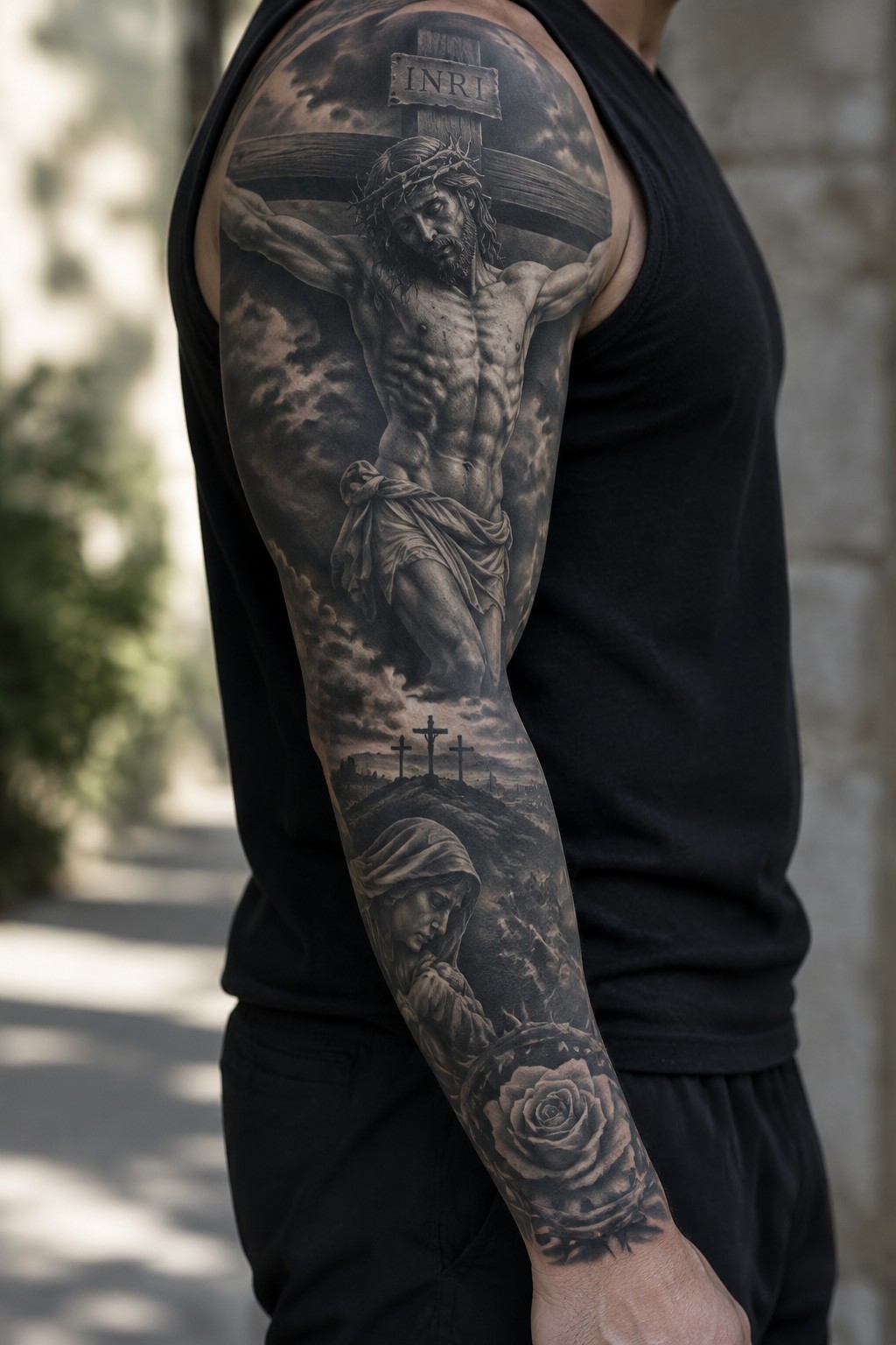 Man's arm displays large black-and-gray tattoo of crucified Jesus above rose and crosses.