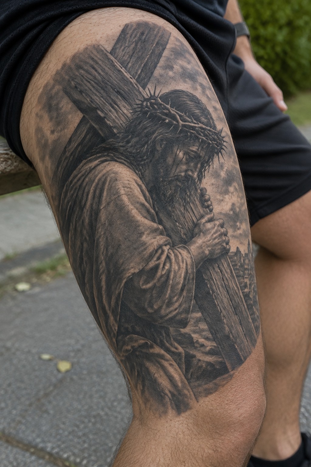 Black and gray realistic tattoo of Jesus carrying the cross placed across a man's thigh