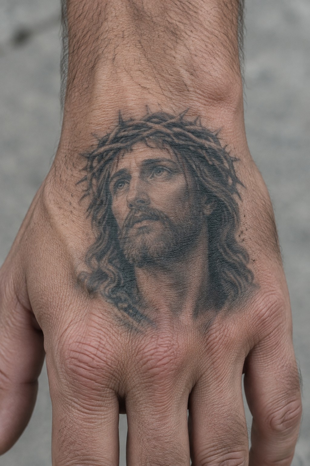Realistic grayscale tattoo of Jesus with crown of thorns on hand