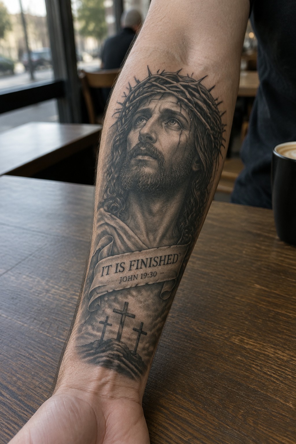 Black and gray Jesus tattoo on forearm with