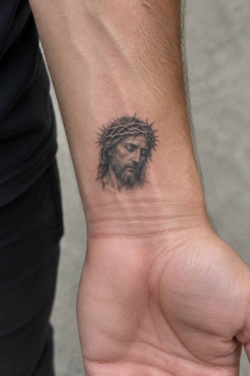 Black and gray realism tattoo of Jesus with crown of thorns on a man's inner wrist