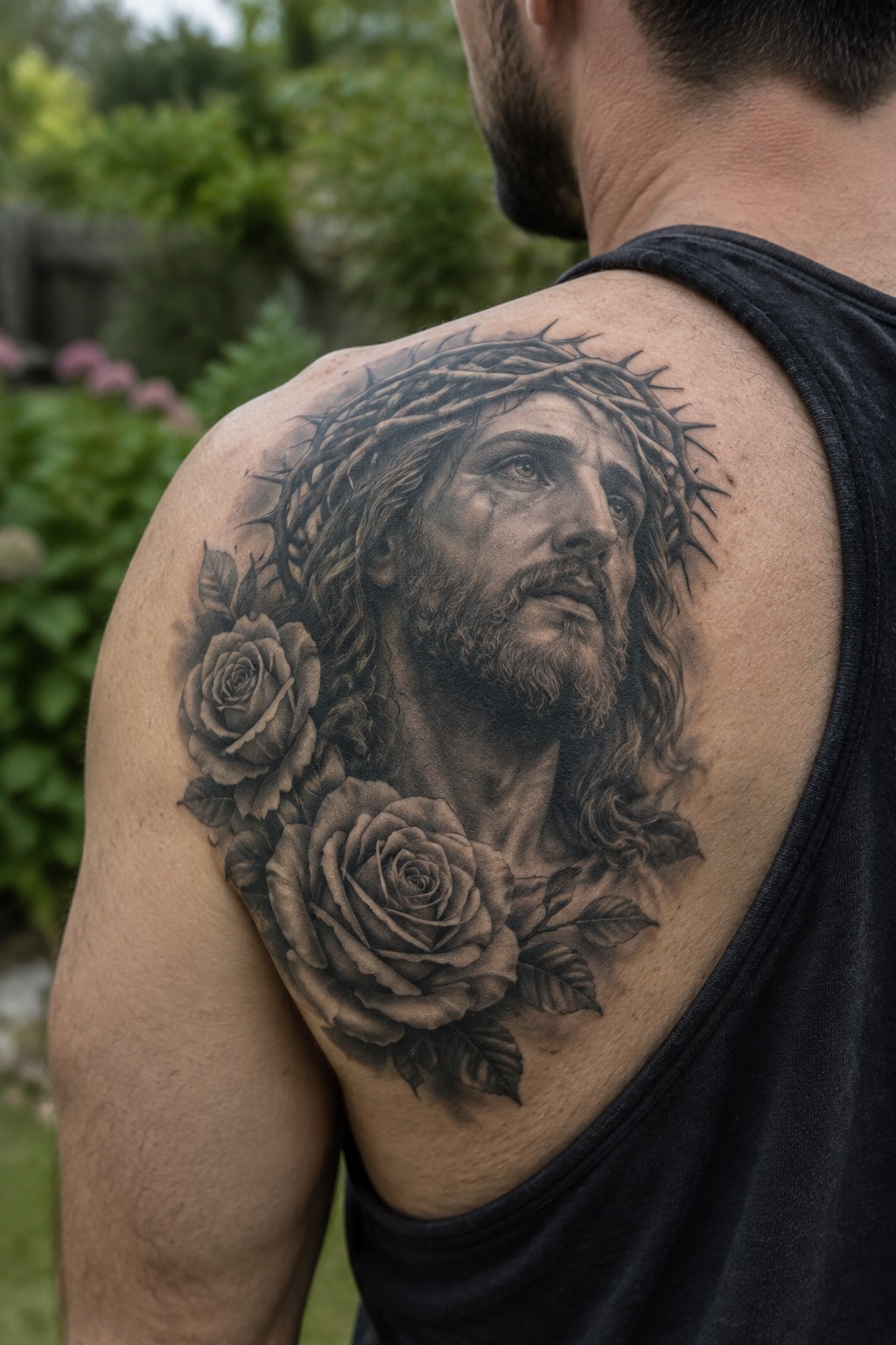 Black and gray realistic tattoo of Jesus wearing a crown of thorns with roses on a man's shoulder