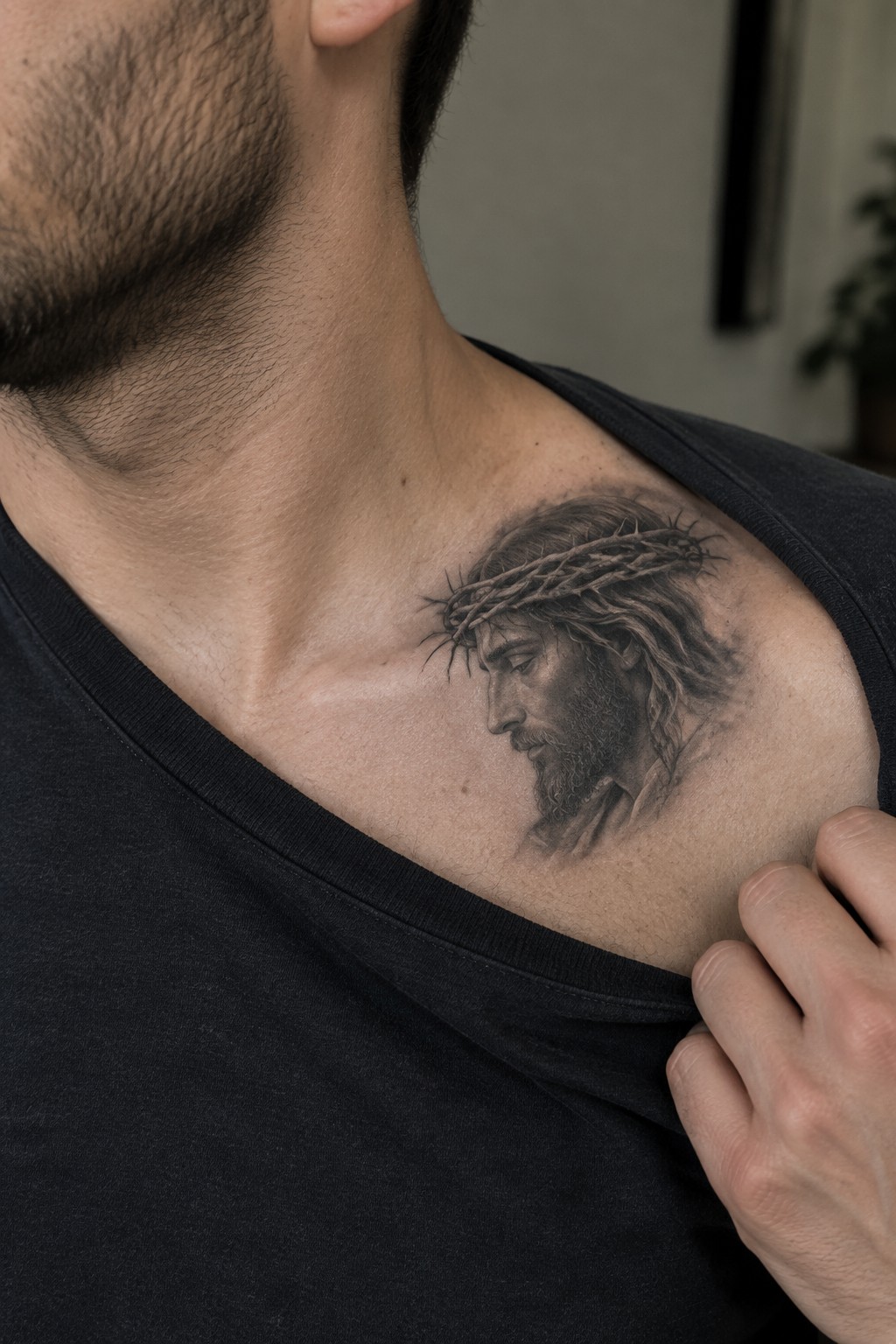 Man in black tank top with realistic Jesus crown of thorns tattoo on shoulder