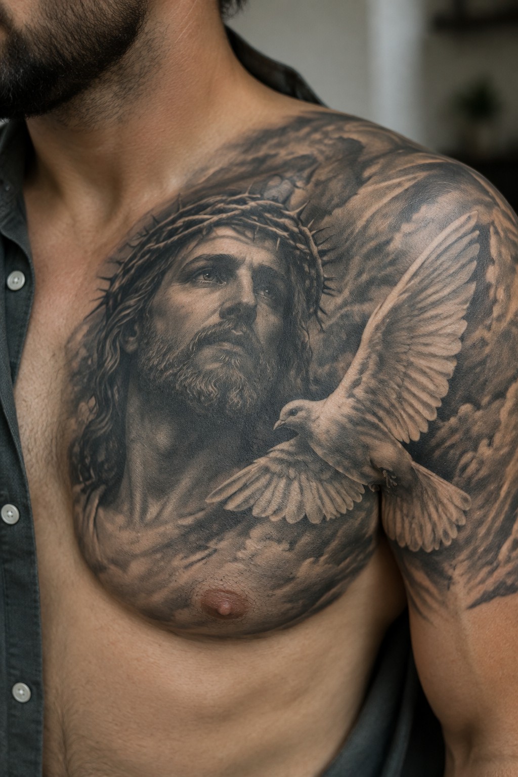 Bearded man with open shirt revealing Jesus and dove chest tattoo