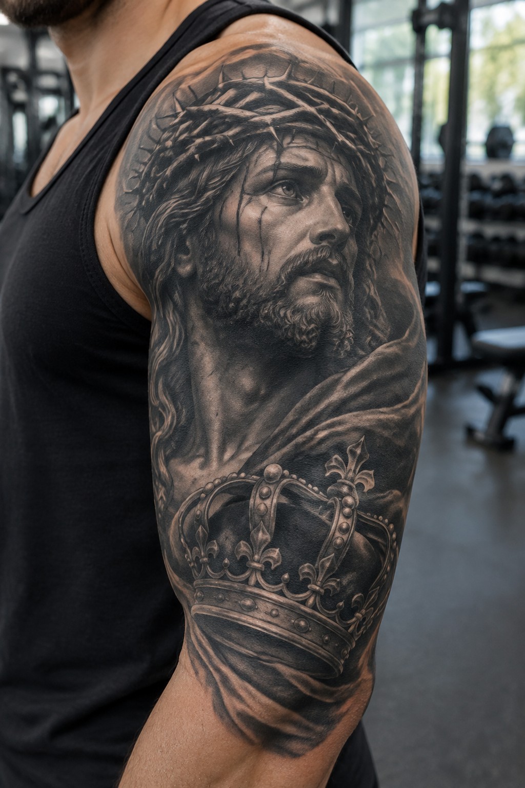 Black and gray realistic tattoo of Jesus with crown of thorns covering a man's upper arm and shoulder, with an ornate crown below.