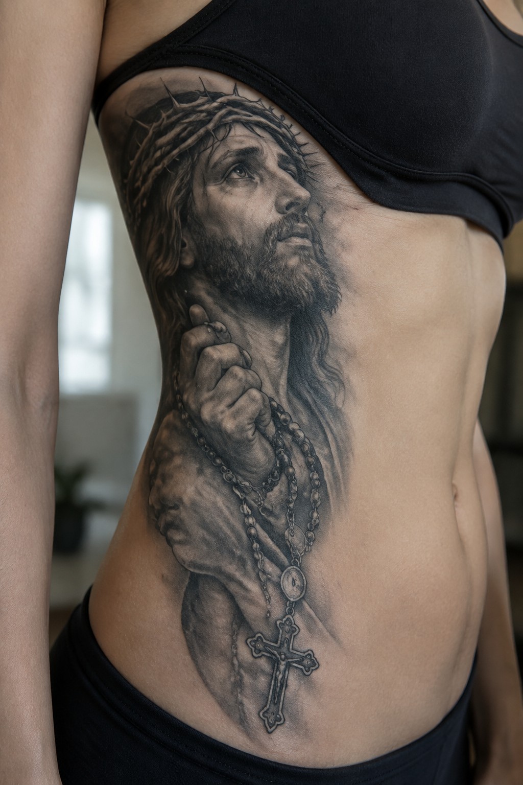 Black and gray realistic tattoo of Jesus with crown of thorns holding rosary beads and cross on side torso