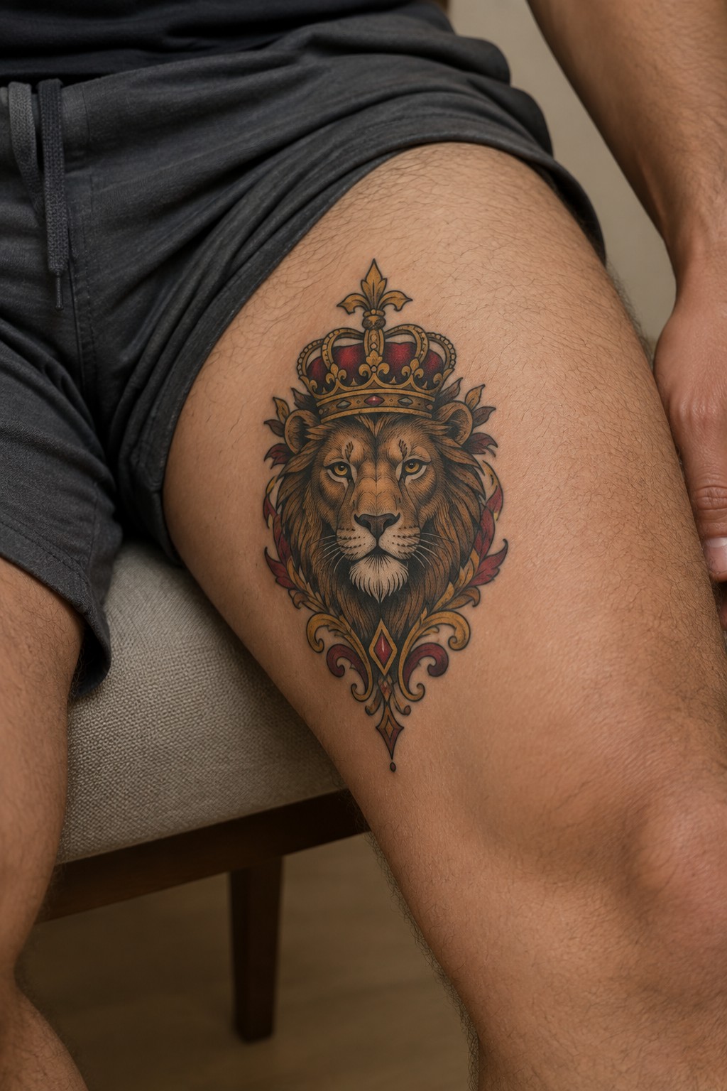Crowned lion tattoo with ornate red and gold details on thigh