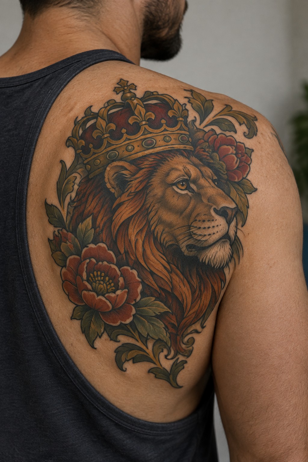 Detailed crowned lion tattoo with red flowers on man's shoulder in tank top.