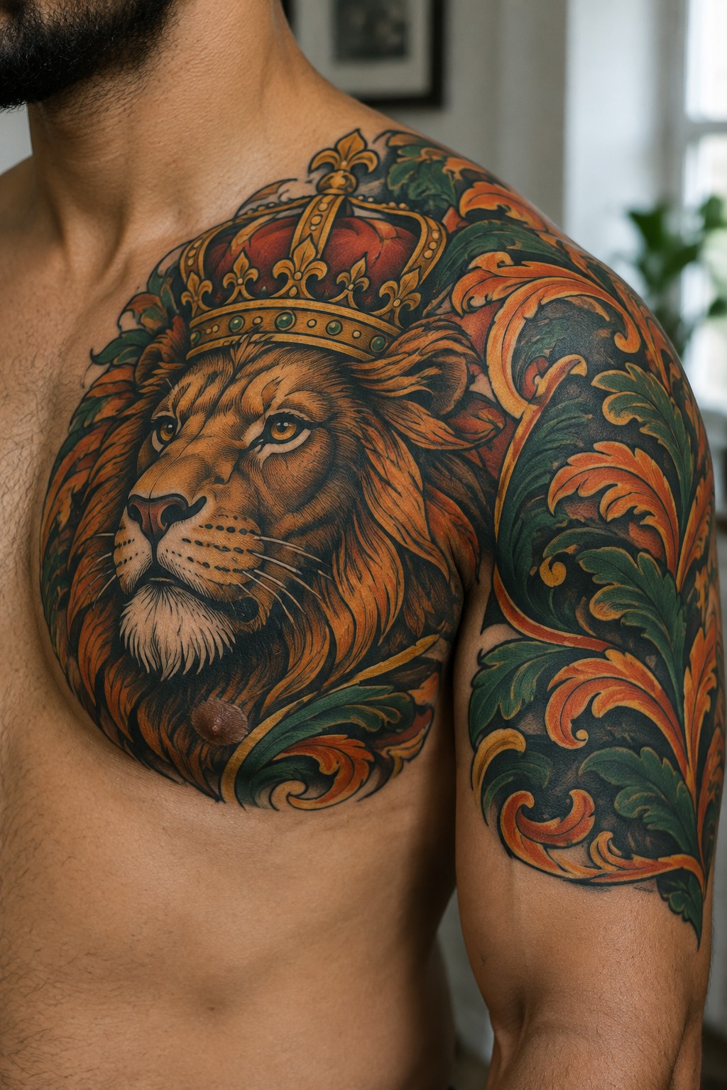 Neo-traditional tattoo of a crowned lion covering a man's chest and shoulder with orange tones and green foliage accents