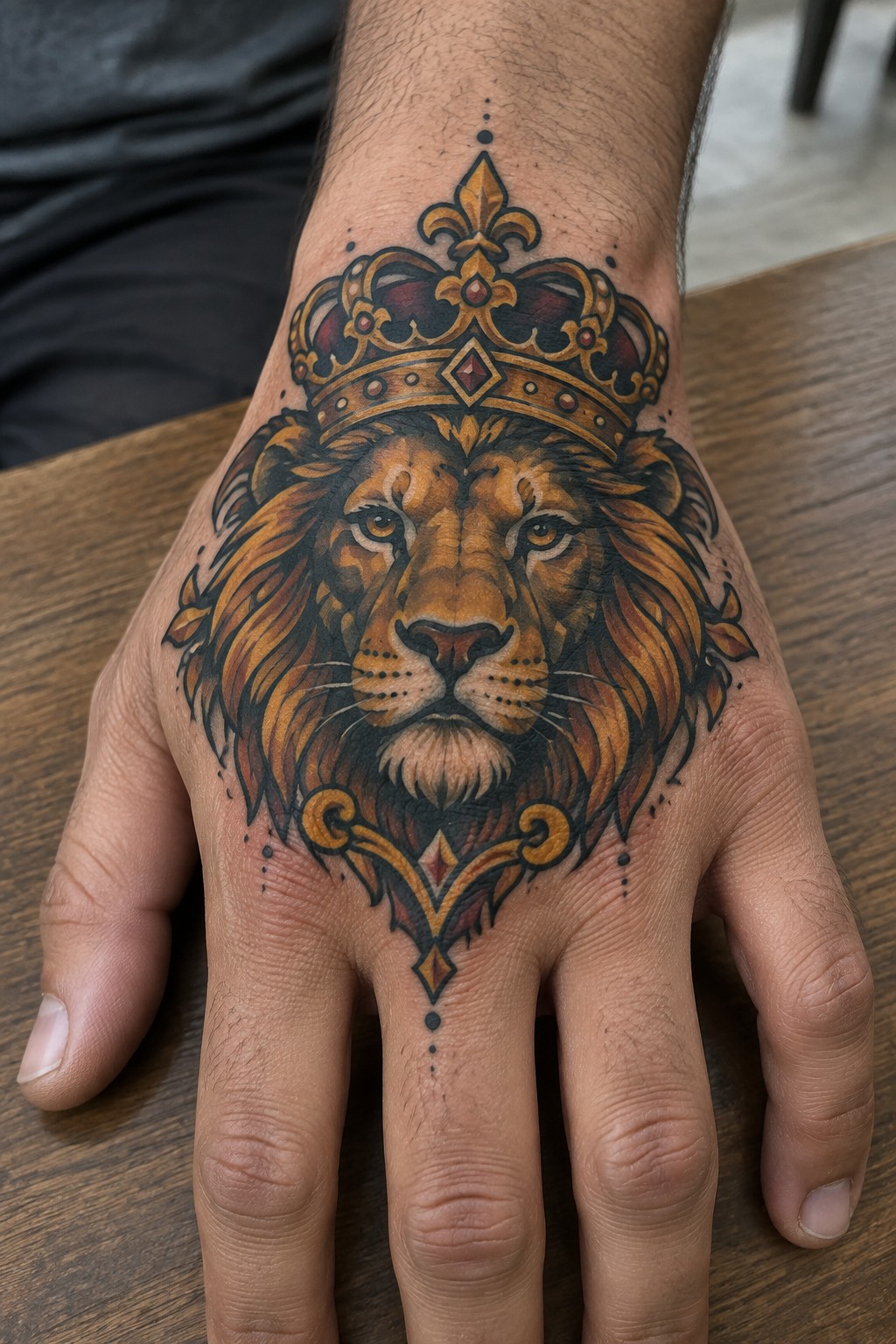 Realistic lion head with ornate golden crown tattoo on back of hand