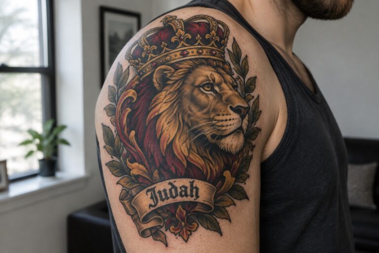 Shoulder tattoo of crowned lion with Judah banner and colorful foliage accents