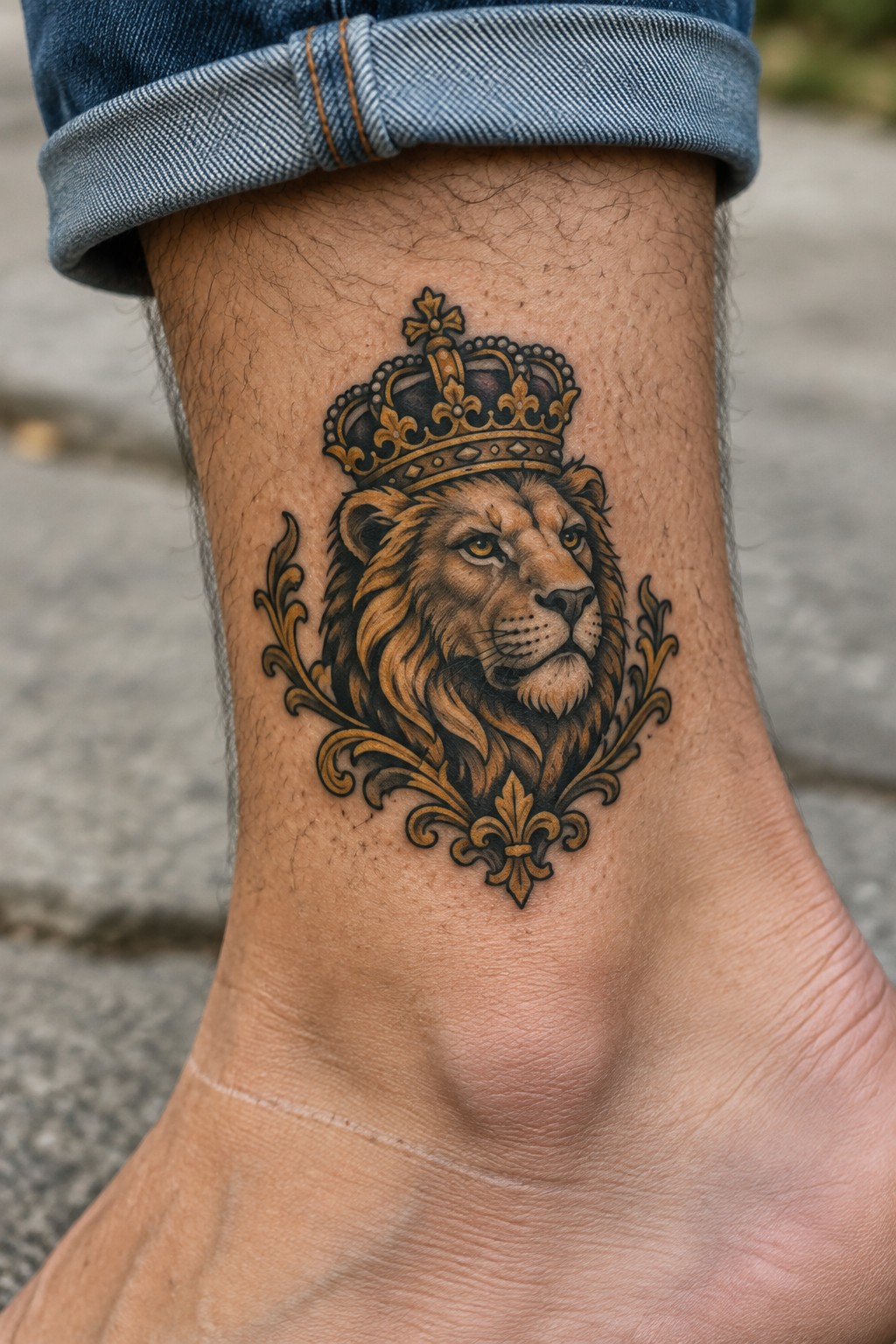 Neo-traditional lion of Judah tattoo with crown on a man's ankle