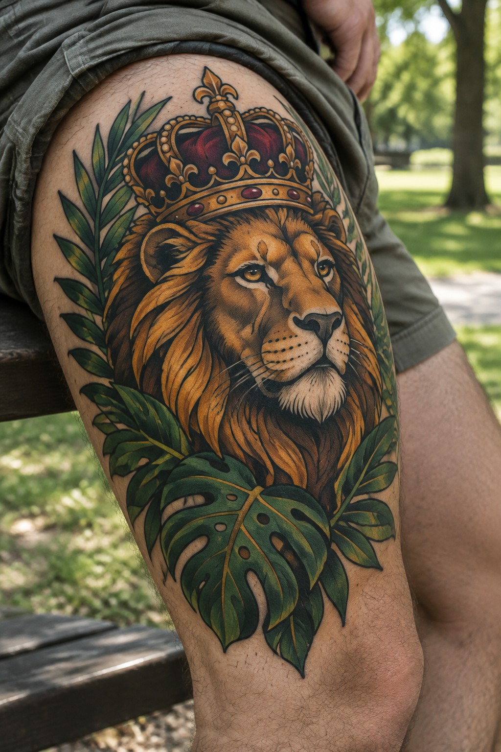 Neo-traditional tattoo of a crowned lion head on a man's thigh, framed by green leaves.