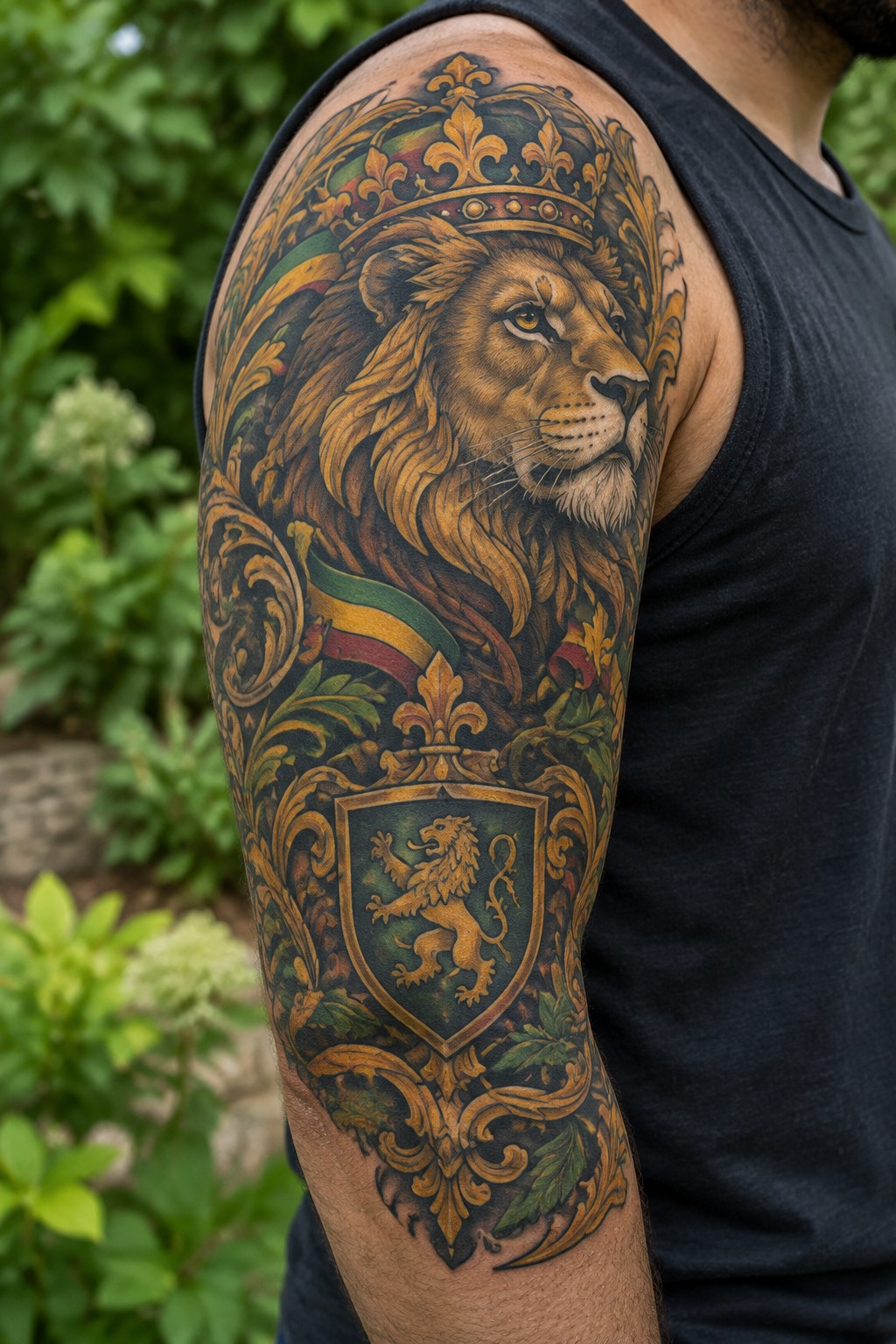 Neo-traditional lion of Judah tattoo on a man's shoulder showing a crowned lion above a heraldic shield with surrounding flourishes.