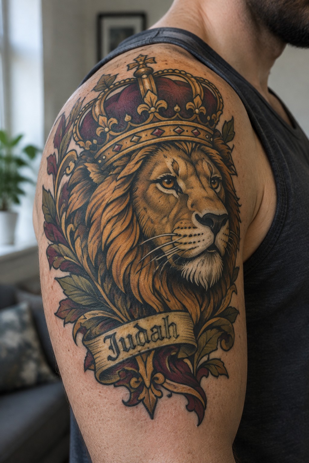 Shoulder tattoo of crowned lion with Judah banner and colorful foliage accents