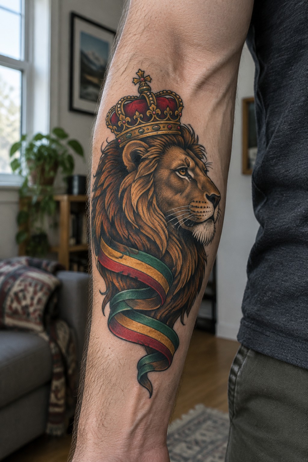 Tattooed arm with crowned lion head and red-yellow-green ribbon in living room.