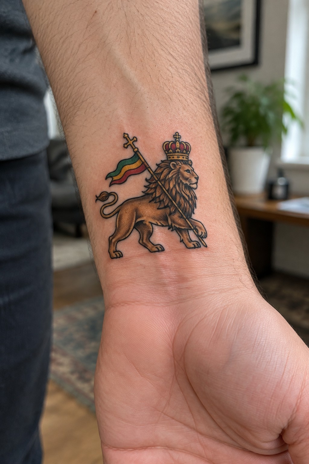 Crowned brown lion tattoo holding staff with cross and tricolor flag on wrist