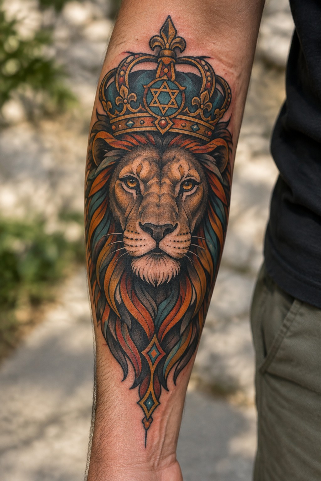 Vibrant lion tattoo with ornate crown and Star of David on forearm