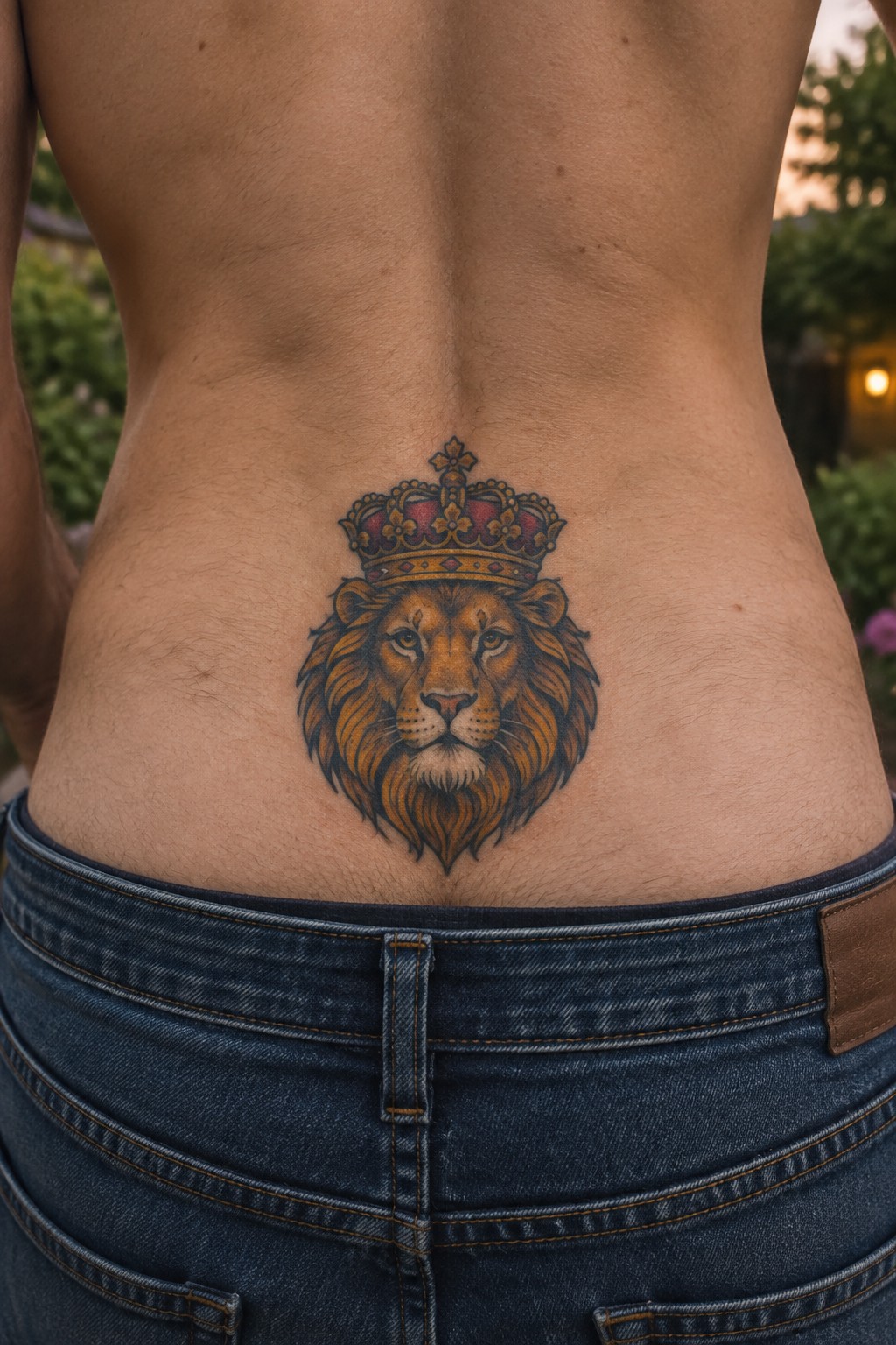 Crowned lion tattoo on bare lower back above blue denim jeans.