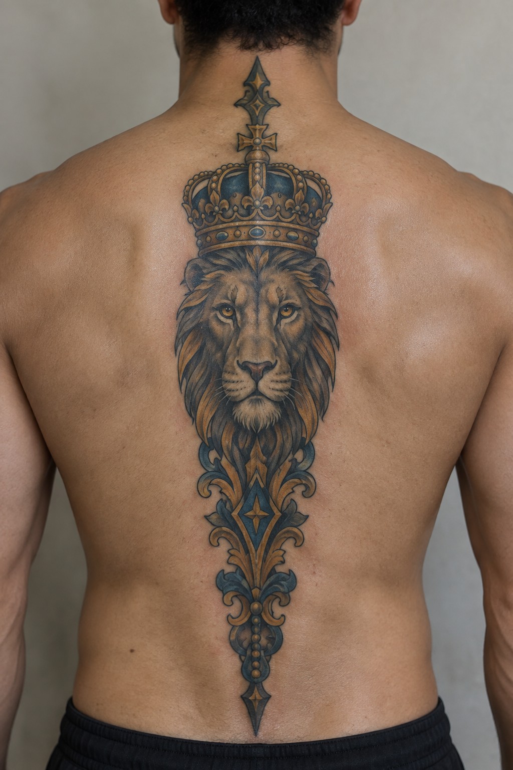 Large realistic tattoo of crowned lion with ornate patterns on man's back