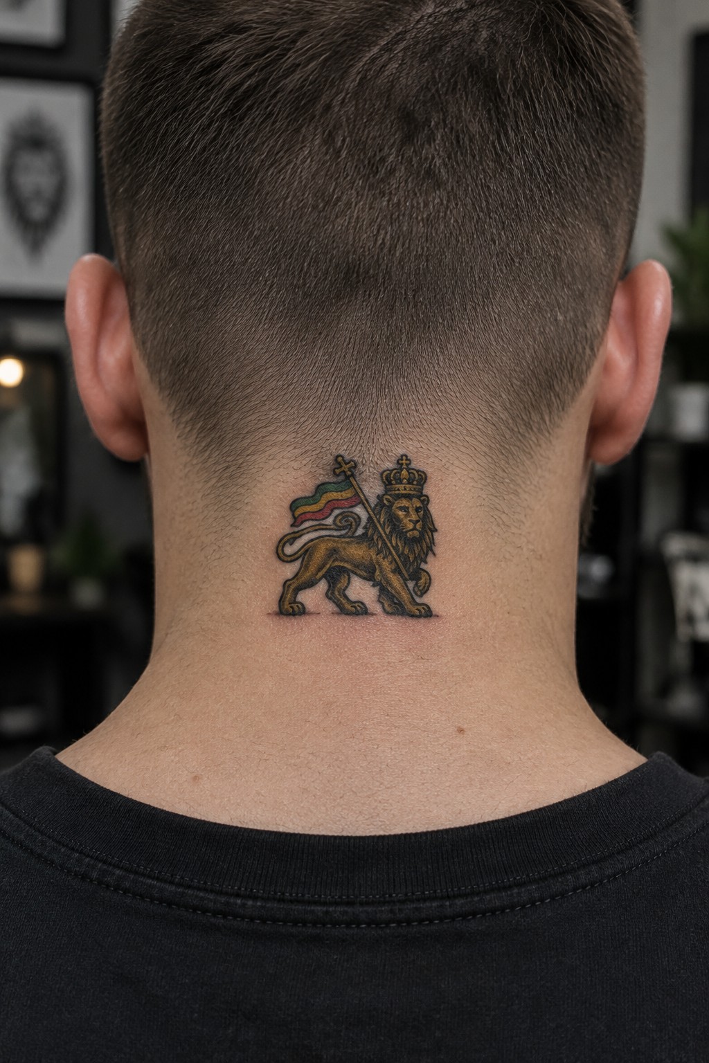 Short-haired man in black shirt shows crowned lion neck tattoo with flag.