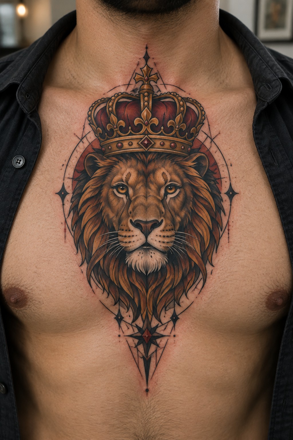 Chest tattoo of crowned lion with geometric stars, open black shirt, realistic style