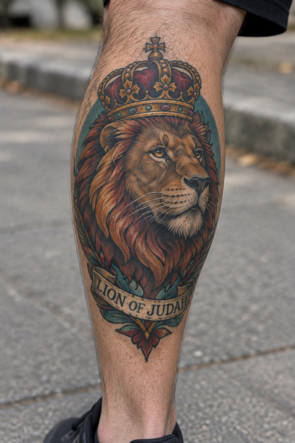 Realistic tattoo of crowned lion with 