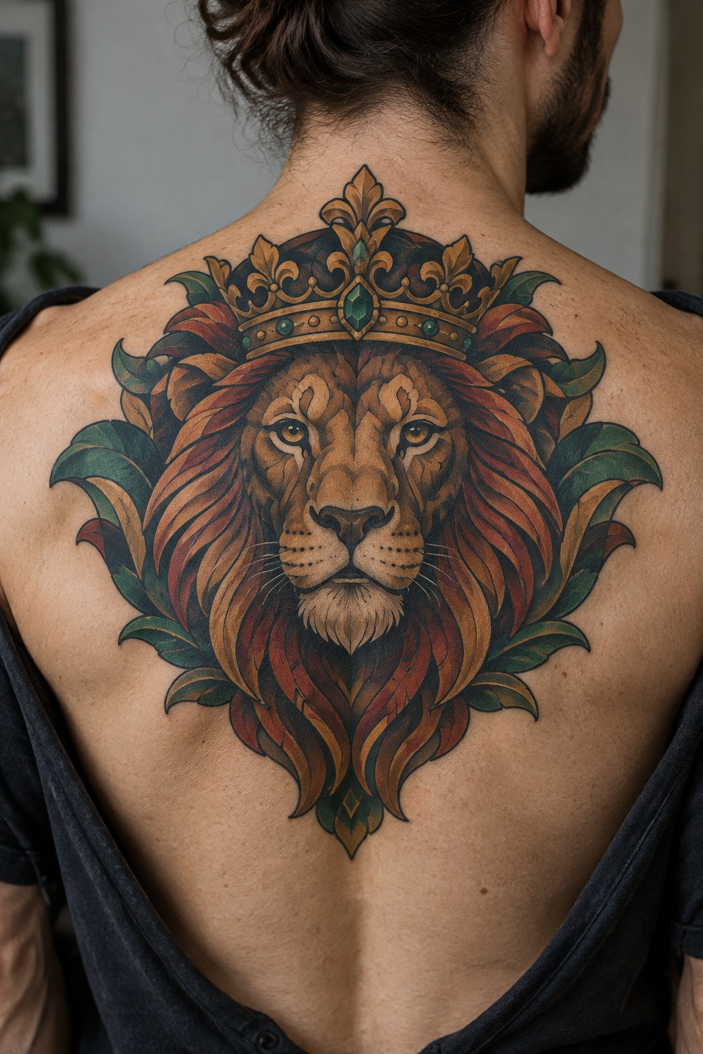 Detailed crowned lion tattoo with red mane and green leaves on man's upper back