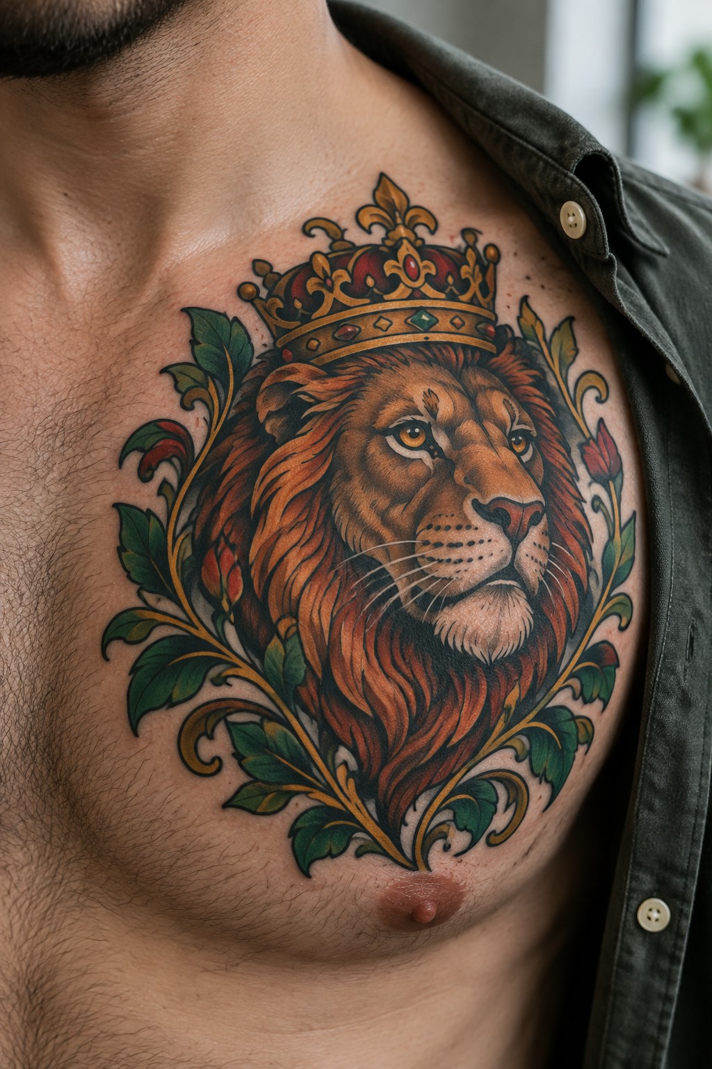 Crowned lion tattoo with green leaves on man's chest under open shirt.