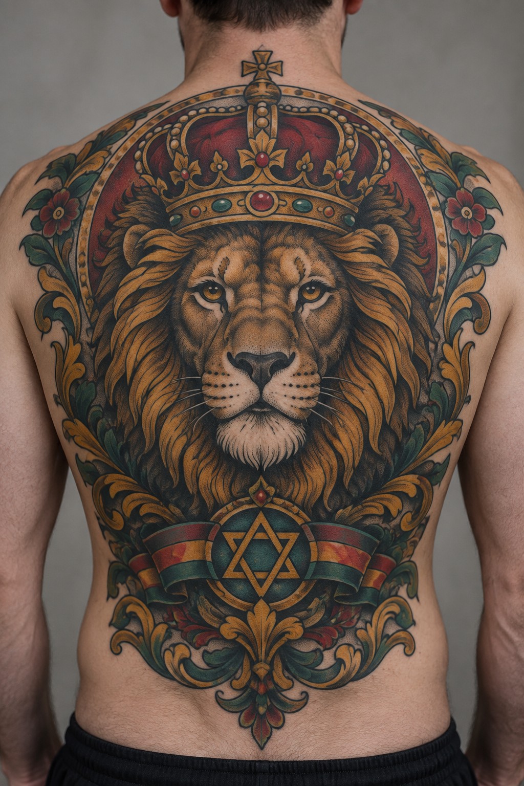 Man's back tattoo of crowned lion above Star of David with floral ornaments
