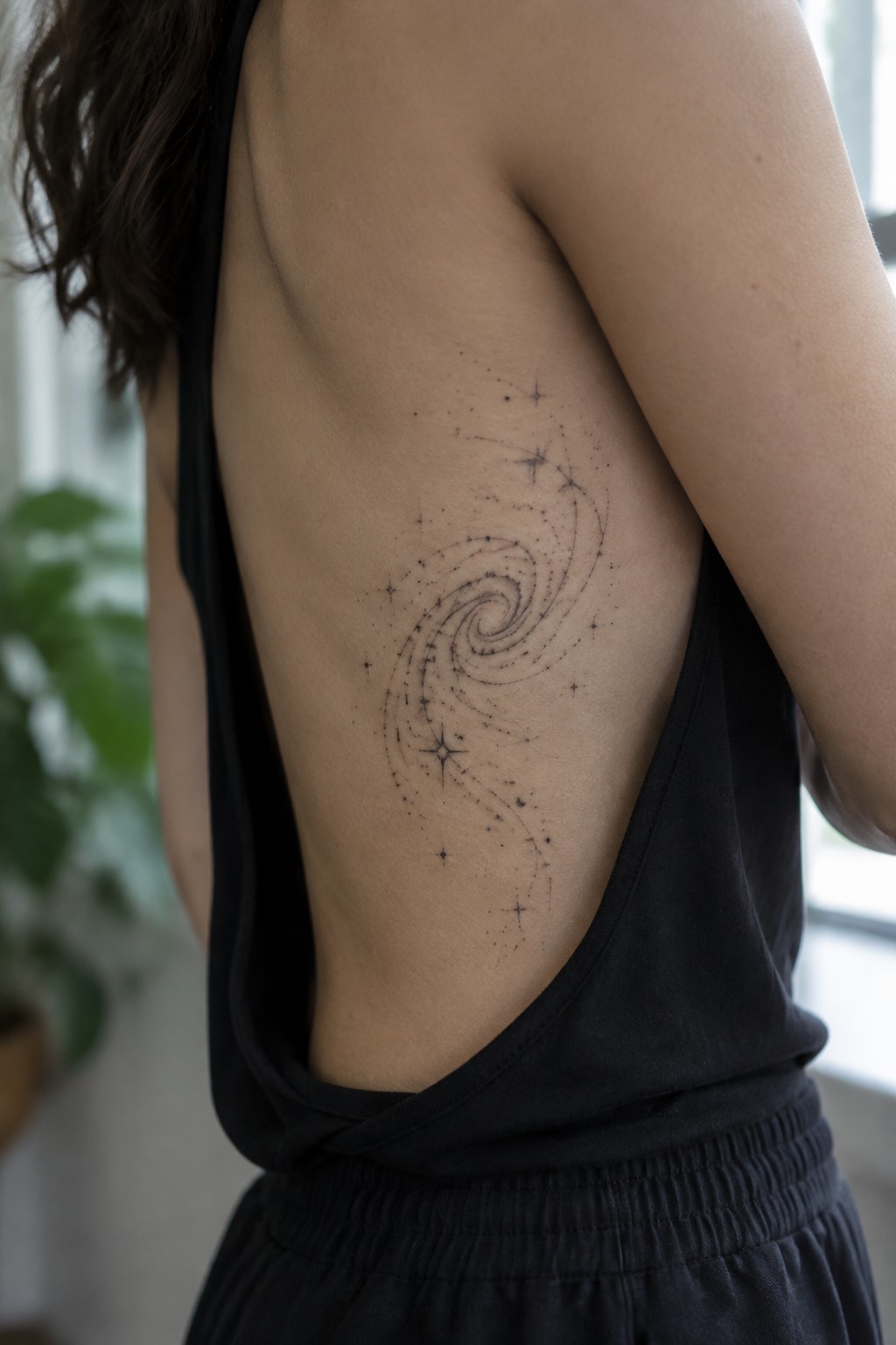 Fine line black tattoo of a spiral galaxy with stars on a woman's ribcage area