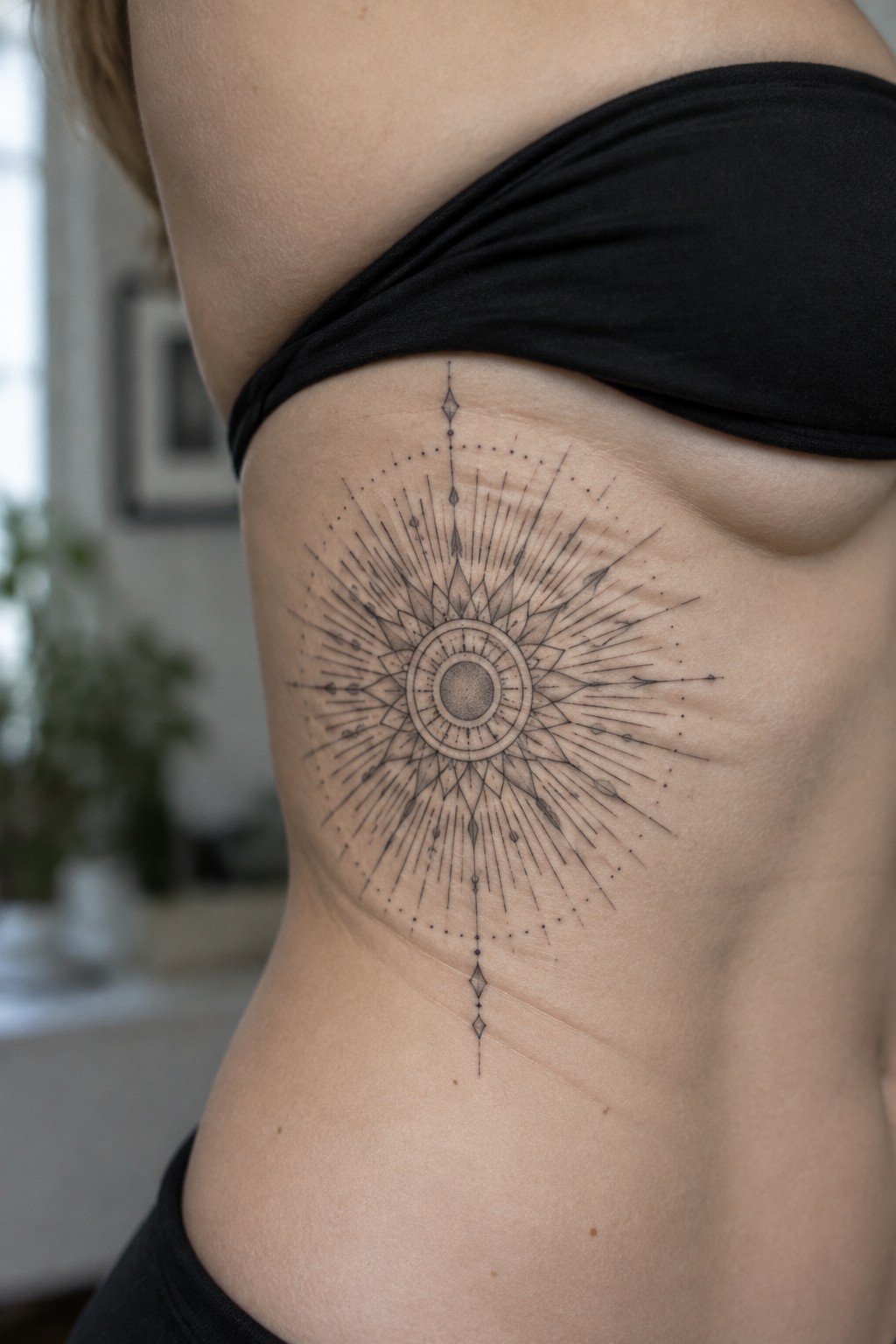 Intricate black sunburst mandala tattoo on ribcage under black strapless top