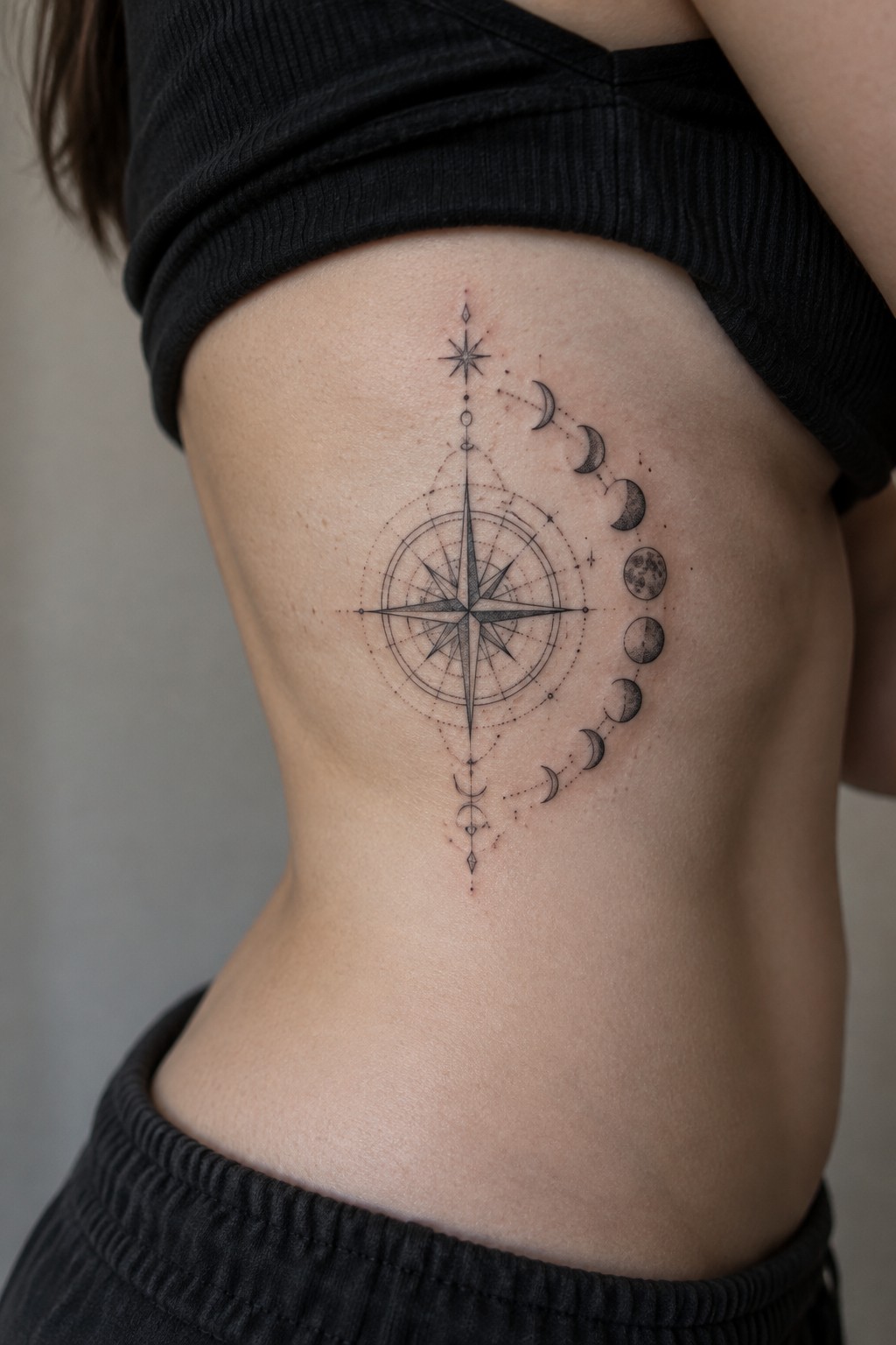 Black ink compass rose and moon phases tattoo on torso under black top