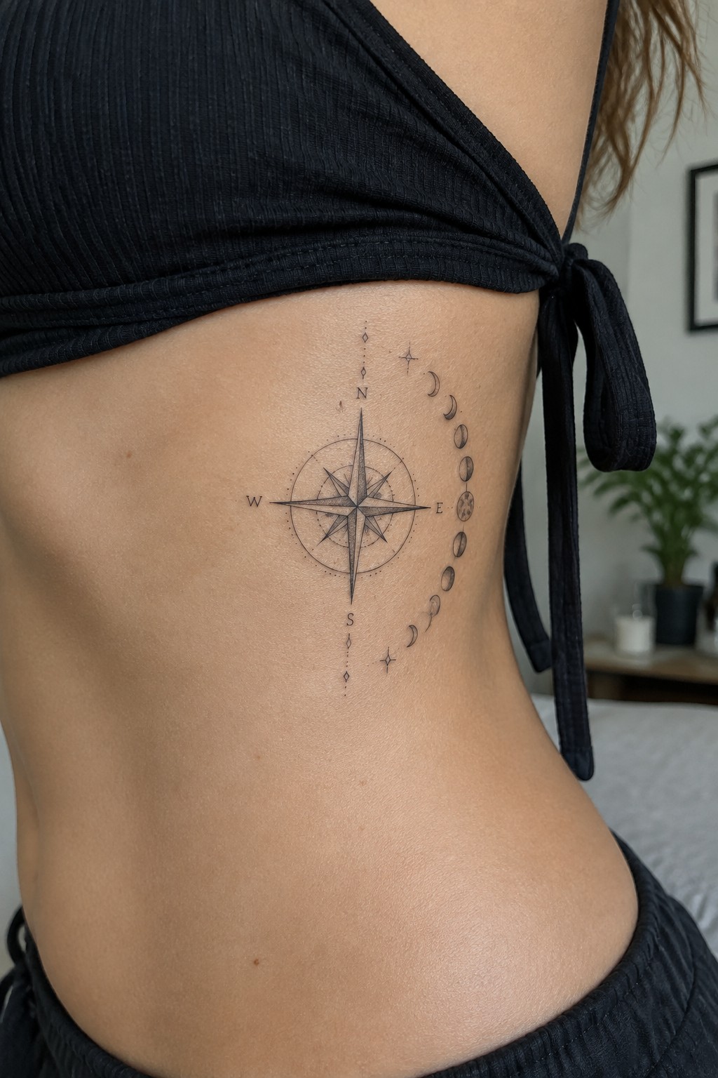 Fine line black ink tattoo of a compass rose with N S E W directions and a curving set of moon phases on a woman's rib area.