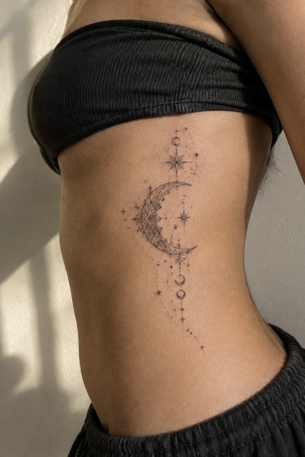 Tattooed torso in black bandeau top with ornate crescent moon and stars design