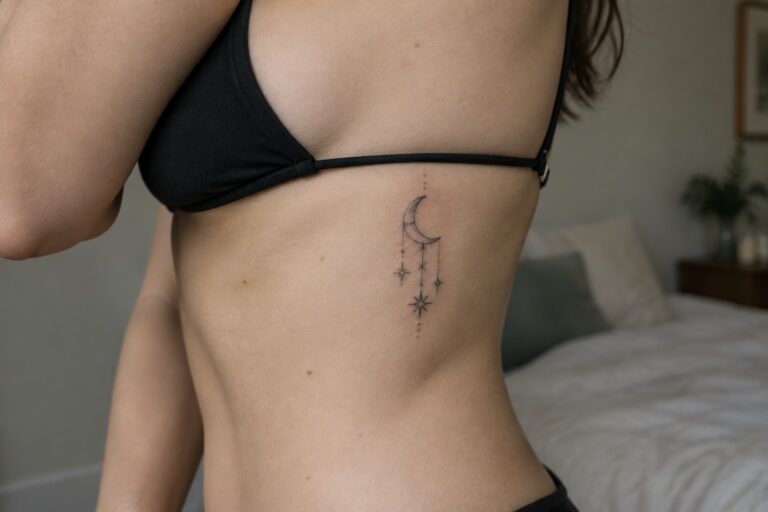 23 Stylish Fine Line Rib Tattoos for Women Featuring Celestial Motifs Woman in black bikini with crescent moon and stars tattoo on ribs