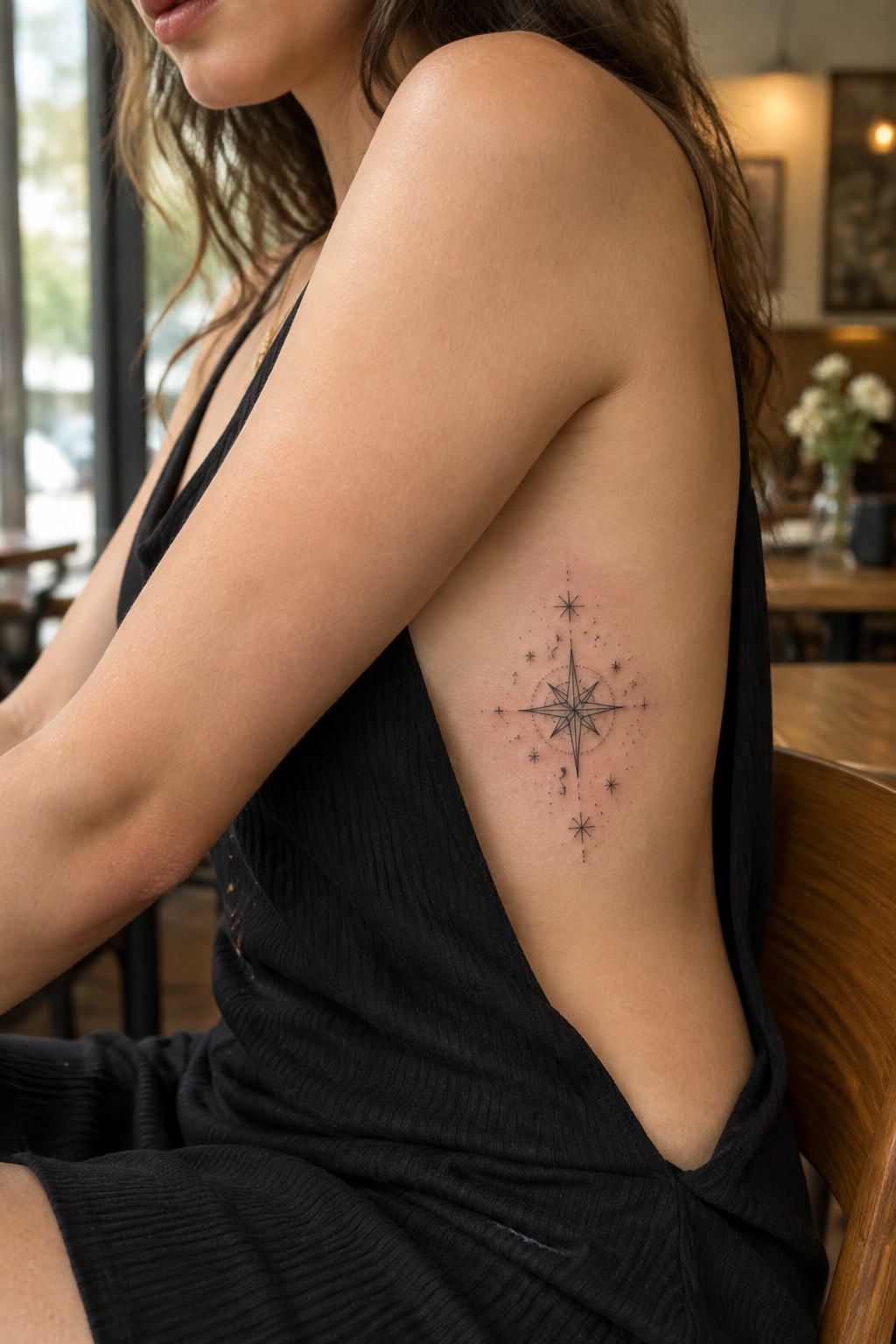 Woman in black dress with compass star tattoo on shoulder in cafe