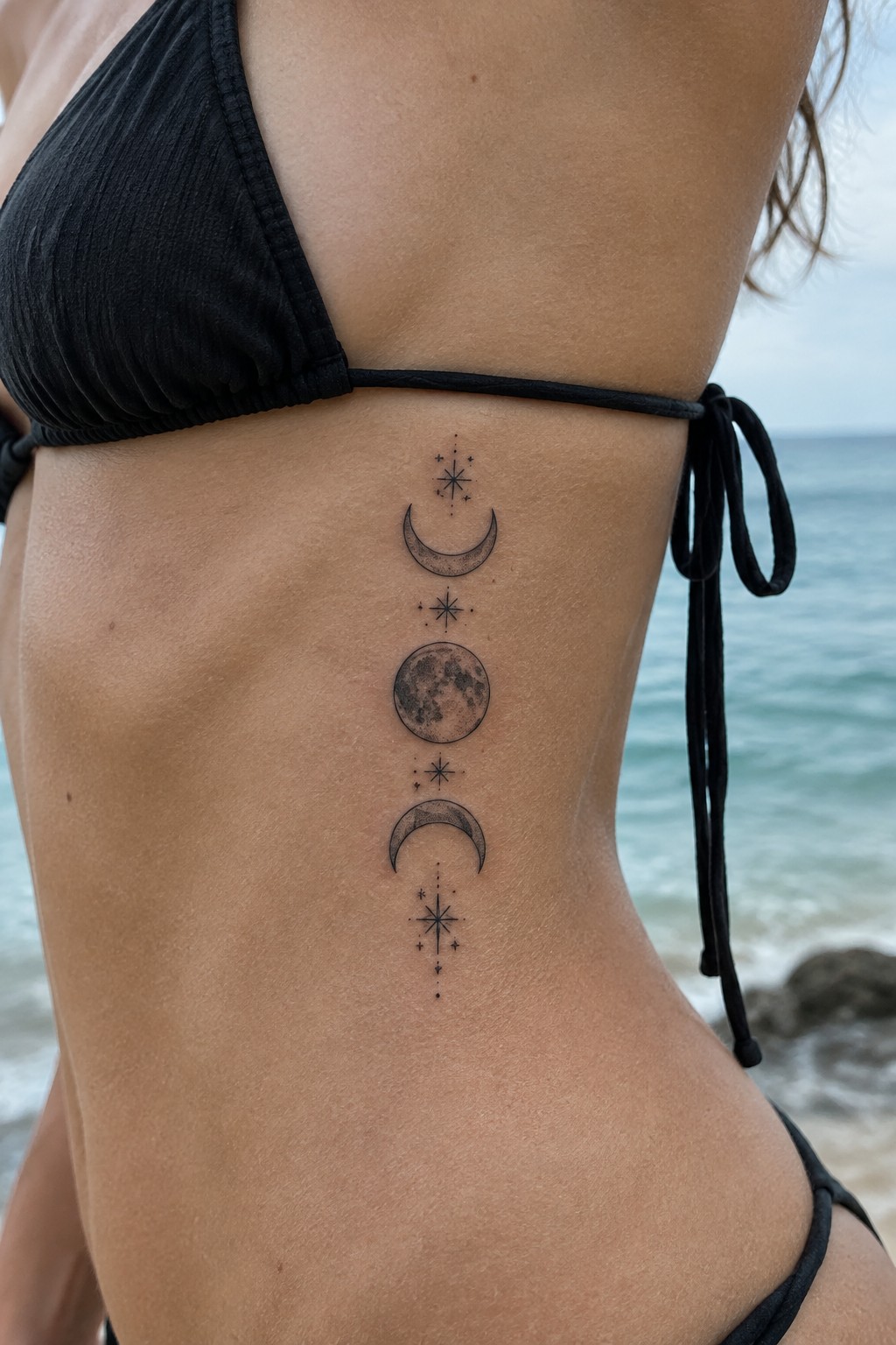 Fine line tattoo of stacked moon phases and stars on a woman's ribcage in black ink